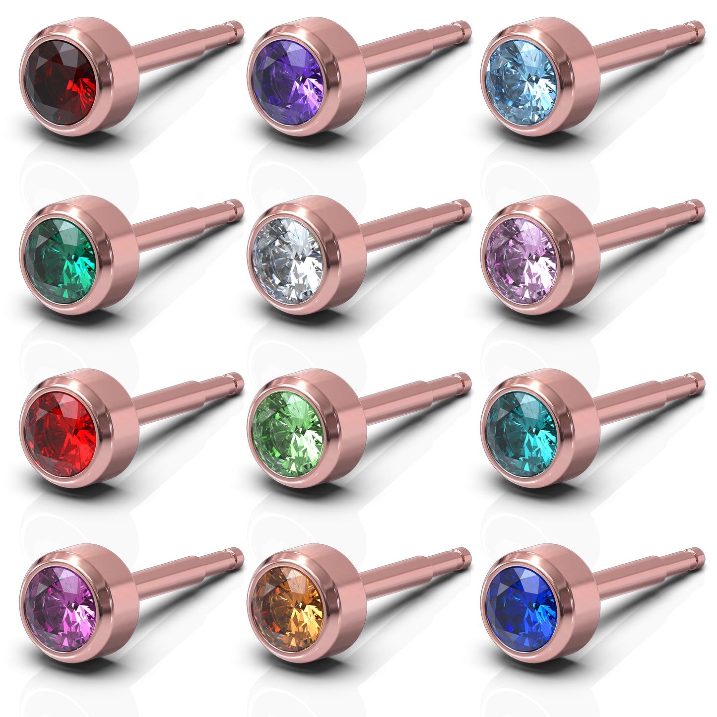 NINA Medikal 12 Pairs Stud Earrings Set - Hypoallergenic Rose Gold Plated Stainless Steel - Birthstone Crystals