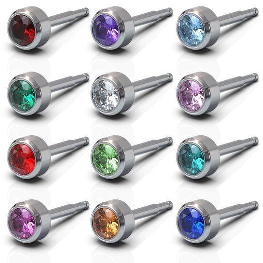 NINA Medikal 12 Pairs Stud Earrings Set - Hypoallergenic Stainless Steel - Birthstone Crystals