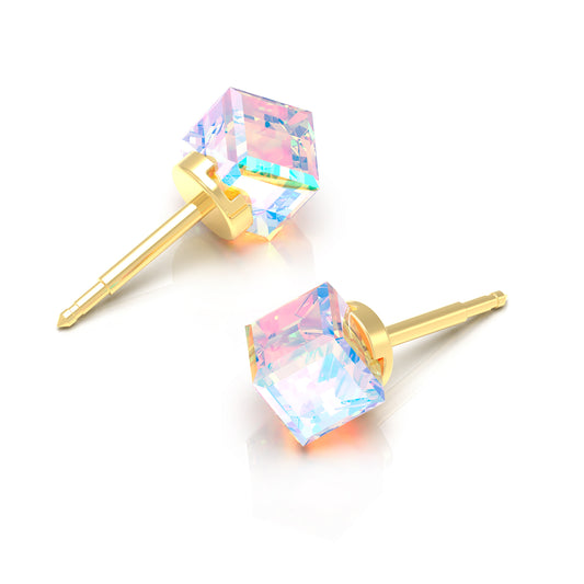 NINA Medikal Cube Earrings - Stud Ear Jewelry - Stainless Steel (Gold Plated - Rock Crystal)