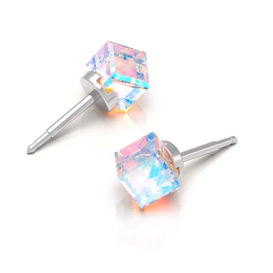 NINA Medikal Cube Earrings - Stud Ear Jewelry - Stainless Steel (Rock Crystal)