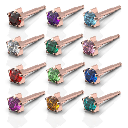 NINA Medikal 12 Pairs Stud Earrings Set - Hypoallergenic Stainless Steel - Birthstar Crystals (Rose Gold Plated Stainless Steel)