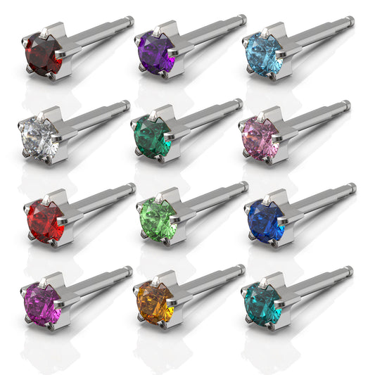 NINA Medikal 12 Pairs Stud Earrings Set - Hypoallergenic Stainless Steel - Birthstar Crystals