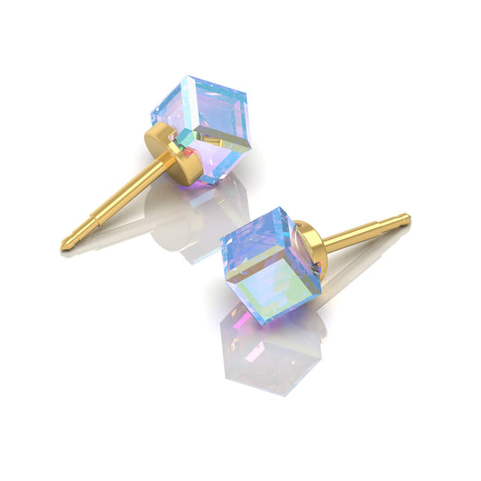 NINA Medikal Cube Earrings - Stud Ear Jewelry - Stainless Steel (Gold Plated - Rock Crystal)