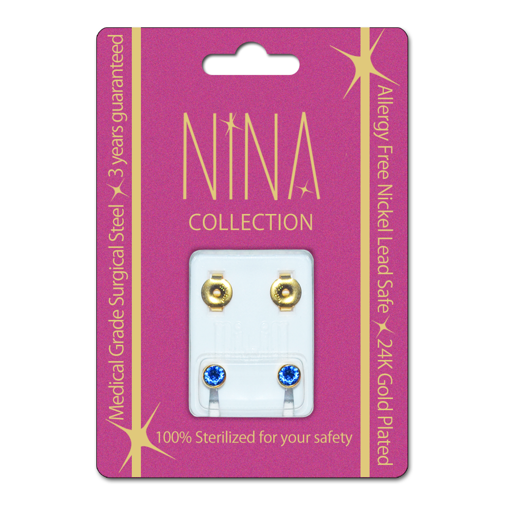 NINA Medikal Ear Piercing Studs - 1 Pair - Single Pack - Gold Plated Stainless Steel