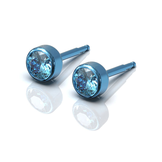 NINA Medikal Titanium Stud Earrings - Piercing Jewelry (Blue Titanium - Aquamarine)